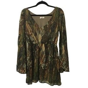 Agaci Womens Tunic Top Mini Dress Medium Bell Slv Chiffon Lined Green Brown D4